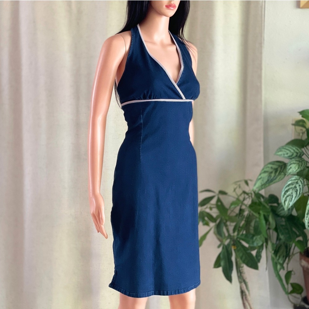 Vtg Y2K Tommy Hilfiger Tommy Jeans Denim Halter Dress Dark Wash Blue Preppy L/G